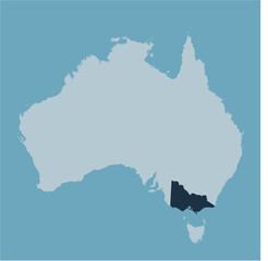 Vector map of the state of Victoria highlighted highlighted in blue on a map of Australia in shades of blue.