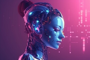 Illustration of a cyborg woman and Ai technology background , AI Generated.