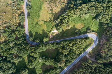 aerial drone view of a curvy mountain road