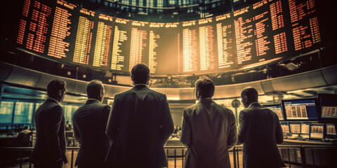 Businessmen watching the large stock exchange monitor Stock Exchange, back view. AI generative
