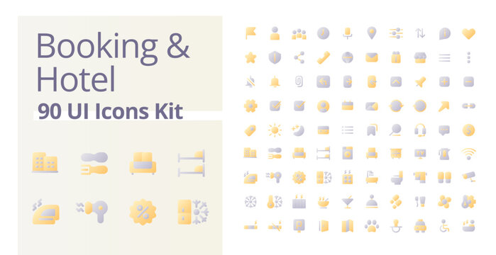 Booking and hotel pixel perfect flat gradient two-color ui icons kit. Accommodation for tourists. Rent room. Vector isolated RGB pictograms. GUI, UX design for web, mobile. Poppins font used
