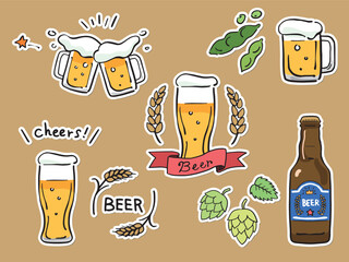 手描きのビールのイラストセット