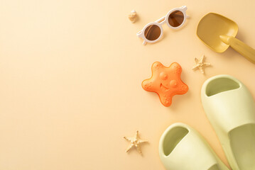 Blissful beach escape with infant. Top view perspective showcasing starfish sand mold, shovel, trendy shades, comfy flip-flops, seashells against beige backdrop. Great for ad or text overlay