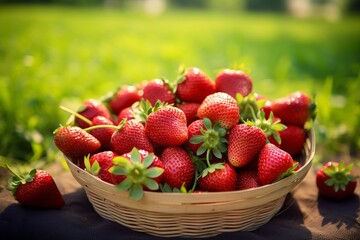 Illustration of a basket of fresh strawberries on a picnic blanket created with Generative AI technology