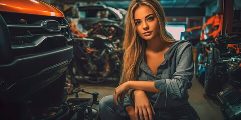 Fototapeta na wymiar Beautiful woman working , Young car repair worker , service concept. Generative ai