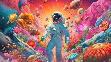 Fototapeta na wymiar Astronaut in the midst of a surreal space landscape, where heavenly bodies take the form of giant fruits, bright flowers. Generative ai.