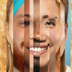 Human face made from portrait of different people, men and women of diverse race. Smiling, happy,...