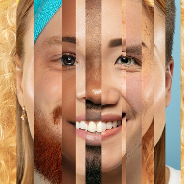 Human face made from portrait of different people, men and women of diverse race. Smiling, happy, delighttful look. Narrow stries of images. Social equality, human rights, freedom, diversity concept