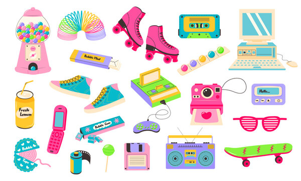 Retro 80s 90s clipart set. Cute y2k glamour fashion patches, badges, emblems, stickers. Modern flat cartoon style.