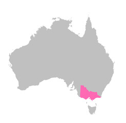 Vector map of the state of Victoria highlighted highlighted in bright pink on a map of Australia.