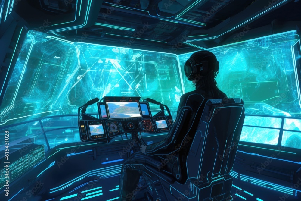 Poster alien piloting high-tech spacecraft, commuting to distant colony, created with generative ai