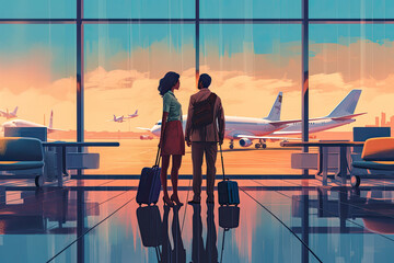 Young couple at the airport. Conceptual artwork on holidays and travel. Generative AI