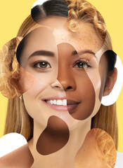 Female face made from portrait of different women of diverse age and nationality. Feminism and...