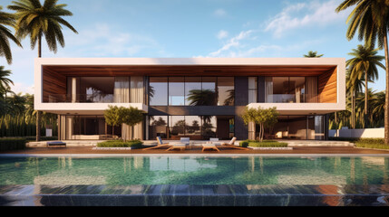 Obraz na płótnie Canvas Luxury Minimalist Design Mansion house with Stunning Pool and Garden View. Generative AI