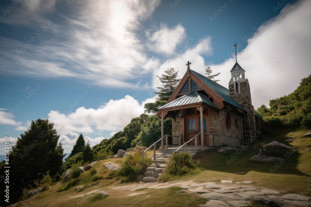 Wall mural serene mountain chapel with clear blue skies and fluffy clouds overhead, created with generative ai