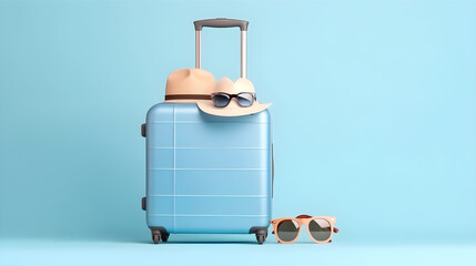 Blue travel suitcase with travel hat on blue background created with Generative AI