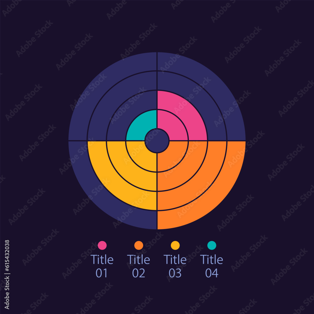 Poster concentric circle infographic diagram design template for dark theme. four options. editable radial 