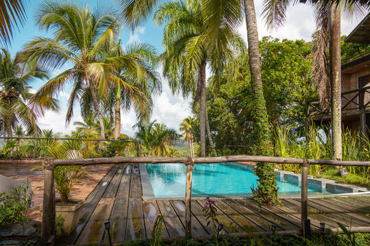Beautiful turquoise swimming pool in the garden of an eco resort with palm trees and wooden fences. Eco lodge typical atmosphere and materials.