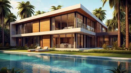 Fototapeta premium Luxury Minimalist Design Mansion house with Stunning Pool and Garden View. Generative AI