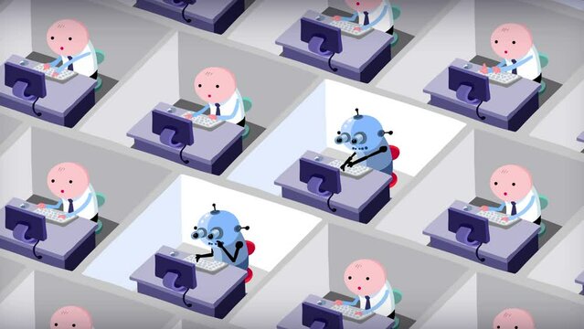 Office employees transforming to working robots. Technology replacing simple office work. Characters and machines in cubicles.
