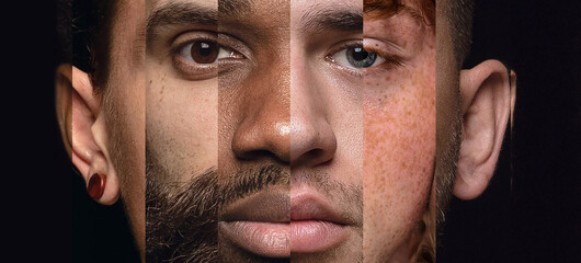 Male face made from different portrait of men of diverse age and race. Combination of faces....