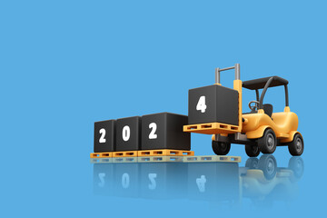 Concept of forklift stacking 2024 new year box. 3D Rendering © Budi Sudarmanto