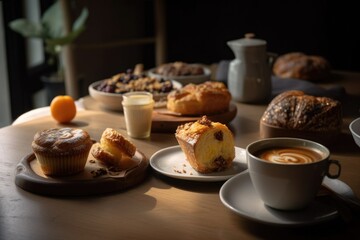coffee break at bakery, with decadent pastries and flavorful coffee to fuel the afternoon, created with generative ai