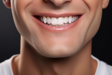 Dazzling Smile of a Healthy Man: Close-up of White Teeth after Dentist Tooth Whitening. AI