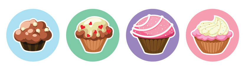 A set of stickers with cute cakes. Round stickers isolated on a white background. Vector illustrations are suitable for printing. 