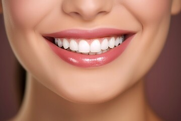 Beautiful Smile of Healthy Woman with White Teeth Closeup: Dentist Tooth Whitening. AI