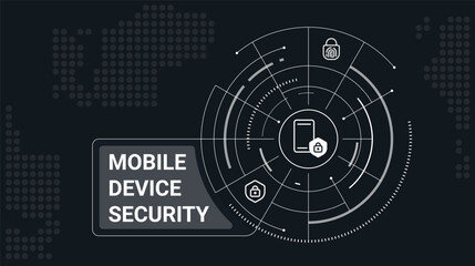 Mobile device security concept banner template. Sensitive data privacy. Network connection. Infographics on black background with icons, text. Editable vector illustration. Roboto font used