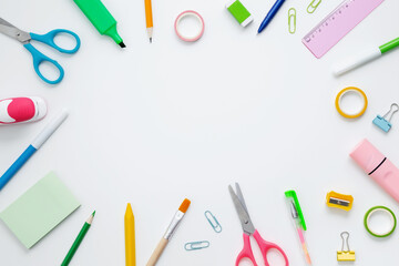 Set of stationery for work and study on white background. Back to school. Top view, flat lay, copy space