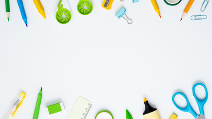 Set of stationery for work and study on white background. Back to school. Top view, flat lay, copy space