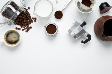 Ingredients for making coffee. Different ways to make coffee metal cezve, coffee machine capsules,...