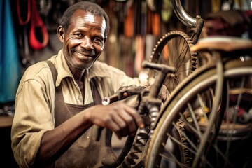Fototapeta na wymiar Enthusiastic Small Business Male Owner Repairing Bicycle. Generative AI.