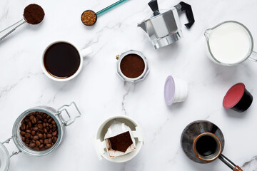 Ingredients for making coffee. Different ways to make coffee geyser moka maker,  metal cezve,...