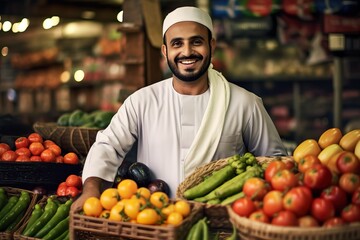  Small Business Owner at a Bustling Farmer's Market. Generative AI.
