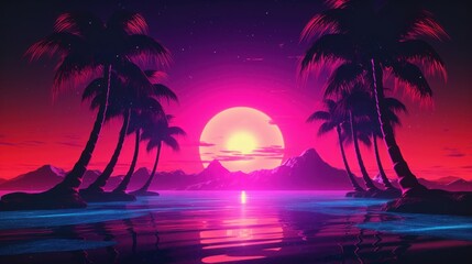 Background in retro style with neon colors. Futuristic aesthetics in the style of synthwave. Generative AI