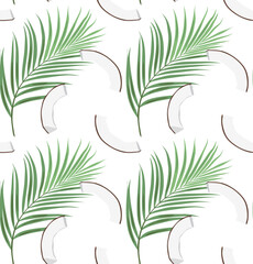 Sliced pieces of coconut on a background of palm leaves. Seamless pattern in vector. Summer pattern with tropical fruits.