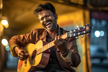 Joyful Street Musician Strumming Acoustic Guitar in Vibrant Urban Setting. Generative AI.