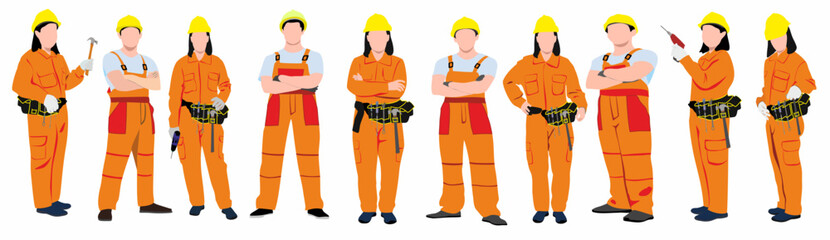 set of industrial men and women worker in orange uniform characters on white background. Builder repairing, construction. 