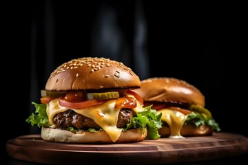 Two Burgers with cheese, lettuce, sauce, tomato and cucumber on a wooden board, black background