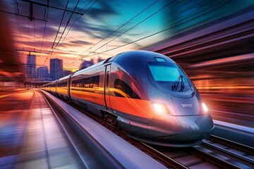 Naklejka na ściany i meble High-Speed Train at Station with Blurred City Background: High-Resolution, High-Quality Image for Travel, Lighting, Colorfulness, Fast Travel, and Punctuality. AI