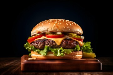 Burger with cheese, lettuce, sauce, cucumber and tomato on a wooden board, black background