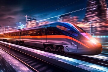 Fototapeta na wymiar High-Speed Train at Station with Blurred City Background: High-Resolution, High-Quality Image for Travel, Lighting, Colorfulness, Fast Travel, and Punctuality. AI