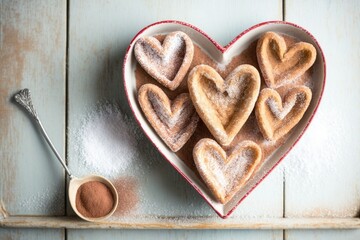 heart-shaped churros on a paper plate, dusted with cinnamon sugar and ready to be enjoyed, created with generative ai