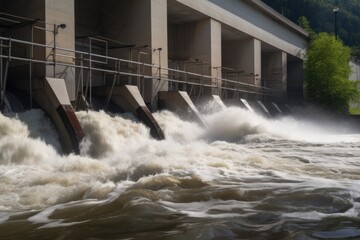 close-up of hydroelectric power plant, with water rushing through the turbines, created with generative ai