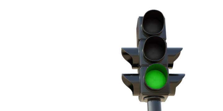 Green traffic light isolated on transparent background, PNG. Go signal concept