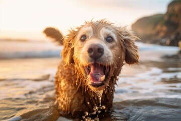 portrait of happy dog, with view of beach, playing in waves, created with generative ai