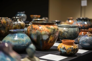 pottery and ceramic art exhibit showcasing the work of various artists, created with generative ai